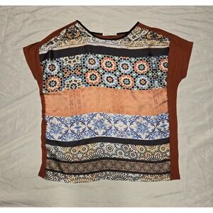 Zara W/B Collection Womens Small Scarf Print Silky Feel Shirt Cap Sleeve Rust